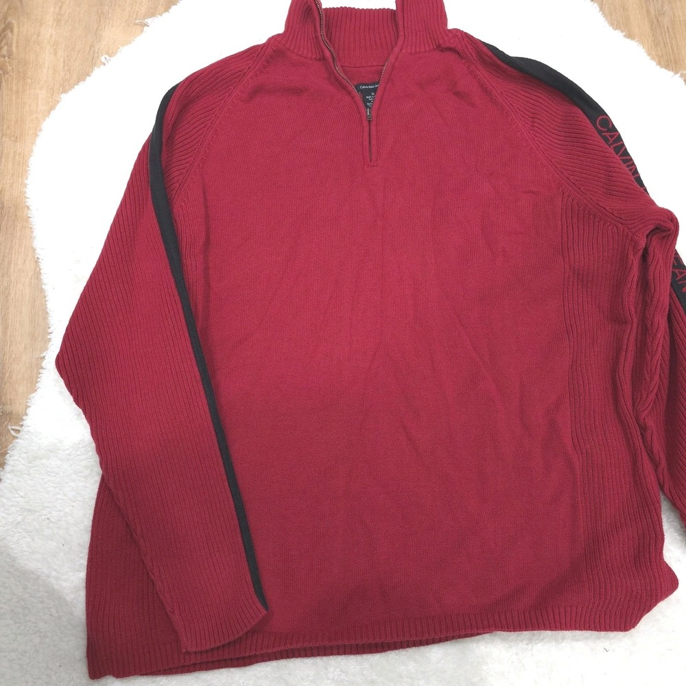 Calvin Klein Jeans Men's Red Quarter Zip Pullover Sweater Ribbed Knit XL‎